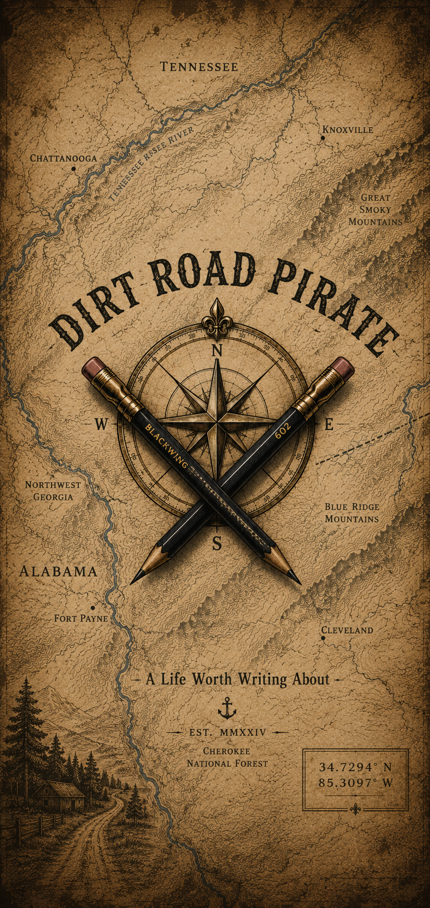 Dirt Road Pirate compass rose and crossed pencils over an antique Appalachian map